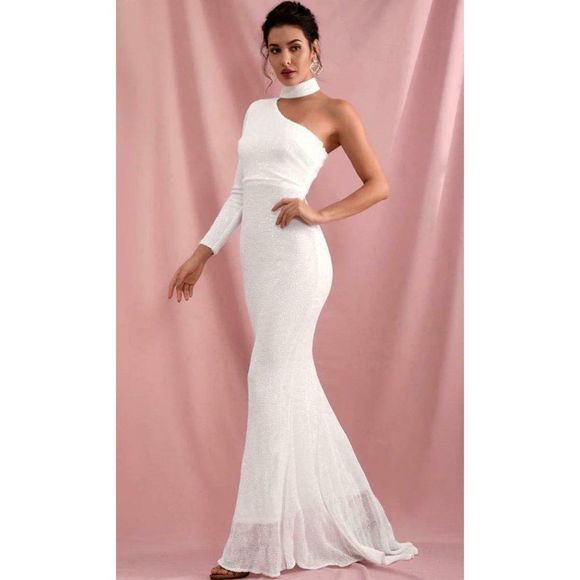 White Sequin Long Sleeve One Shoulder Mock Neck Bodycon Mermaid Maxi Dress NWT - Picture 4 of 8